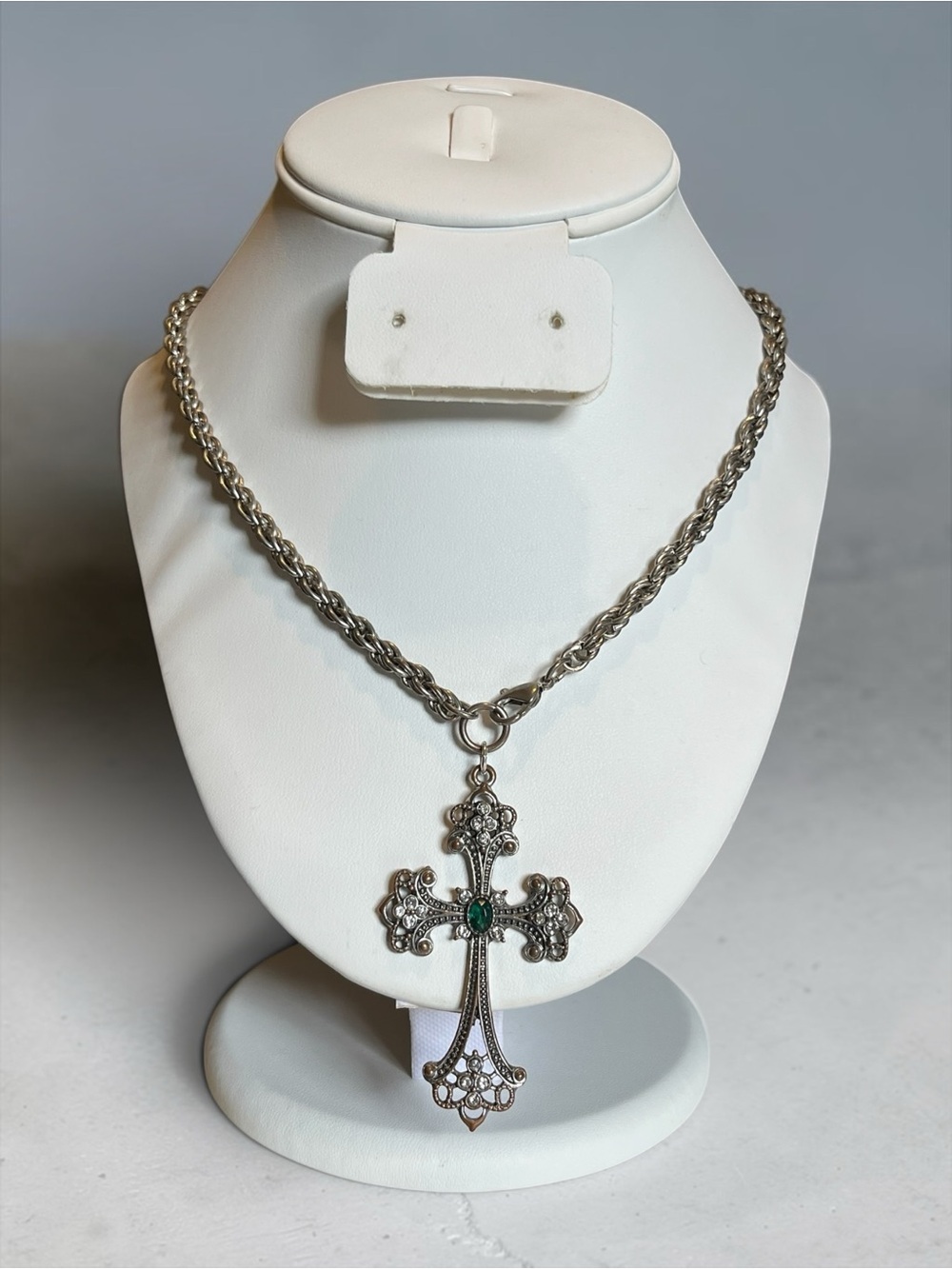 🍭5 for $20🍭 Silver Tone Green Crystal Cross Chain Necklace CC X